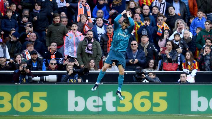 Cristiano Ronaldo of Real Madrid celebrates scoring his side's first goal during the La Liga match between Valencia and Real Madrid at Estadio Mestalla
