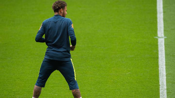 Brazil's player Neymar attends a team training session at Anfield in Liverpool