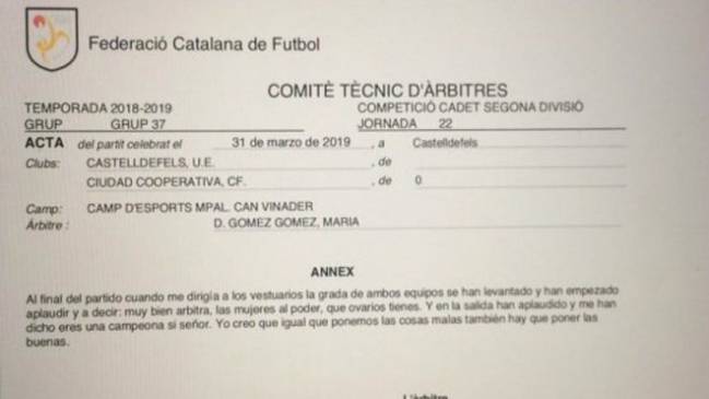 "Girl power!": female referee includes plaudits in match report