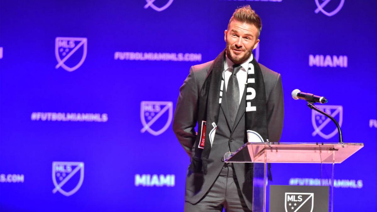 David Beckham addresses the crowd during the press conference announcing an MLS franchise in Miami