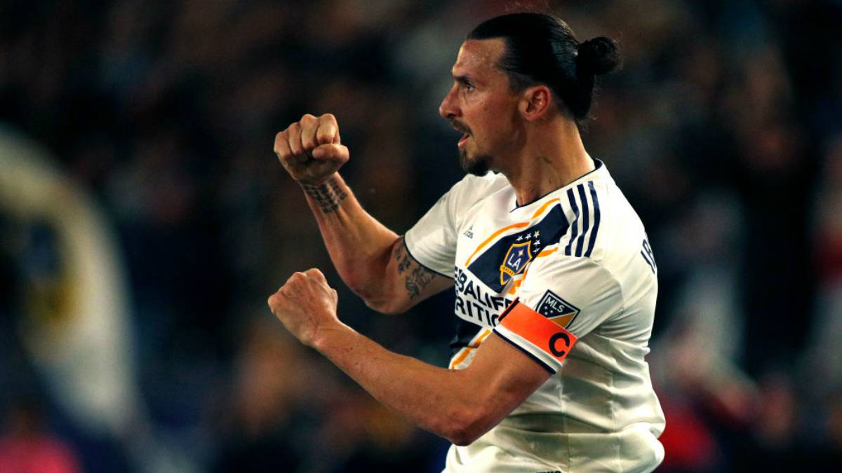 Zlatan Ibrahimovic celebrating after scoring with LA Galaxy