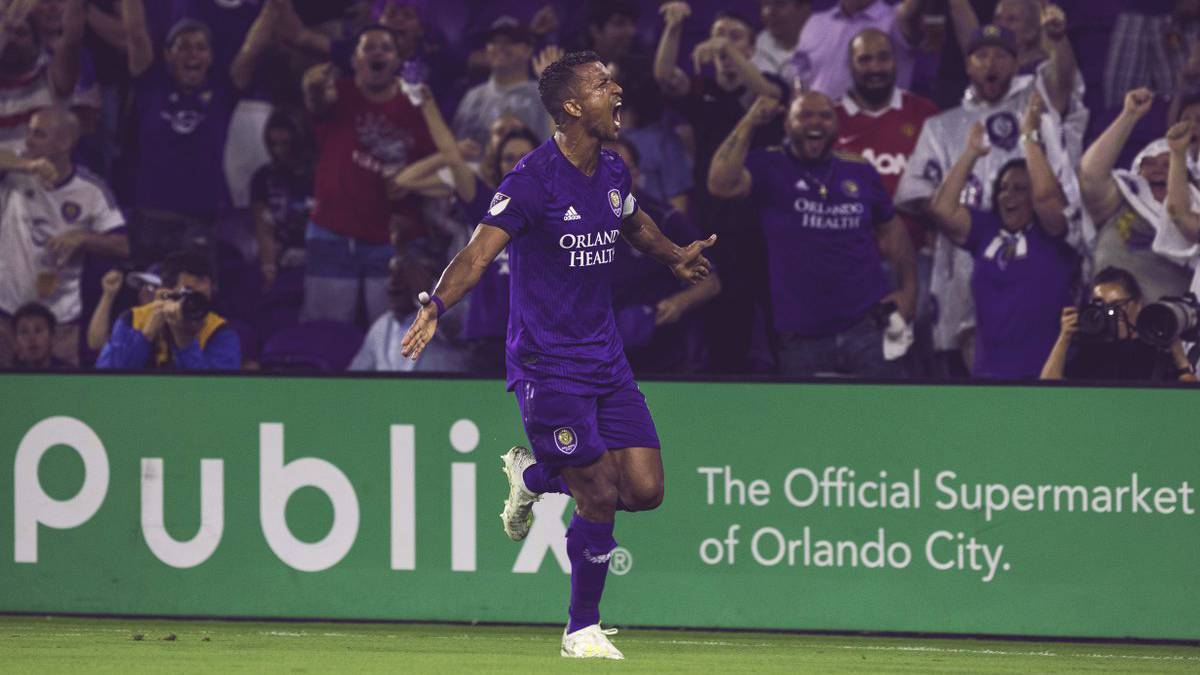 Nani celebrating after scoring with Orlando City of the MLS