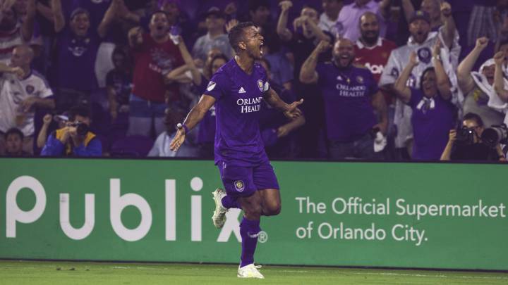 Nani celebrating after scoring with Orlando City of the MLS