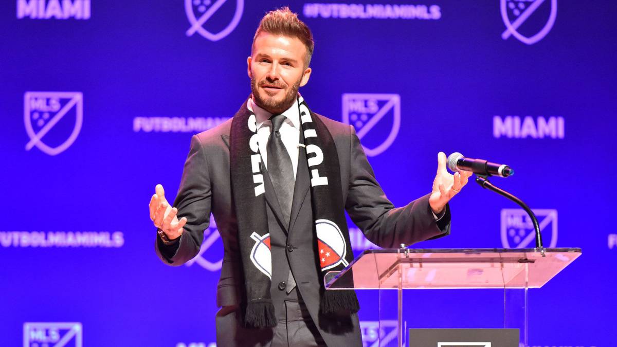 David Beckham addresses the crowd during the press conference announcing an MLS franchise in Miami