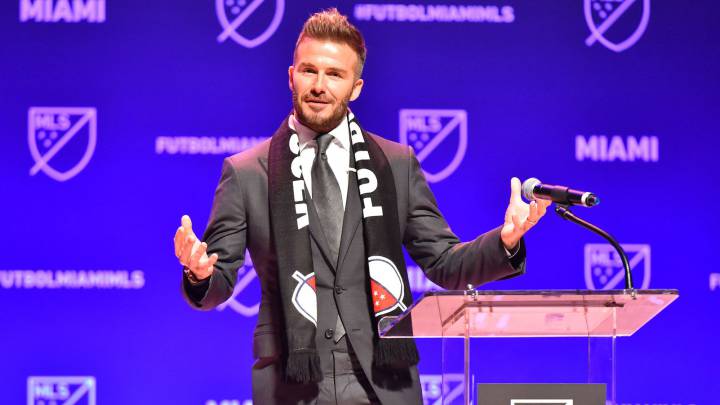 David Beckham addresses the crowd during the press conference announcing an MLS franchise in Miami
