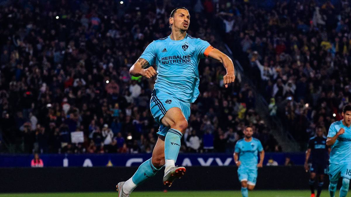 Zlatan Ibrahimovic celebrating after scoring with LA Galaxy