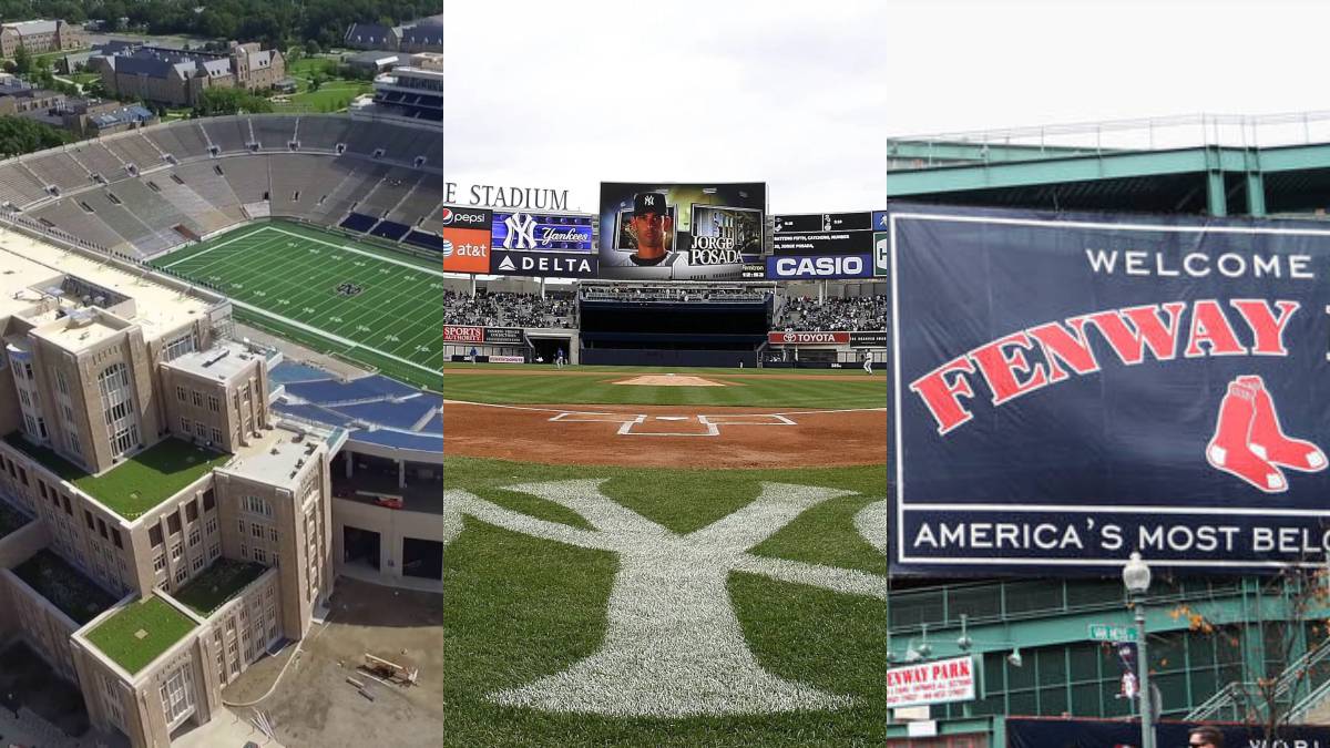 Collage of Notre Dame stadium, Yankee stadium and Fenway Park