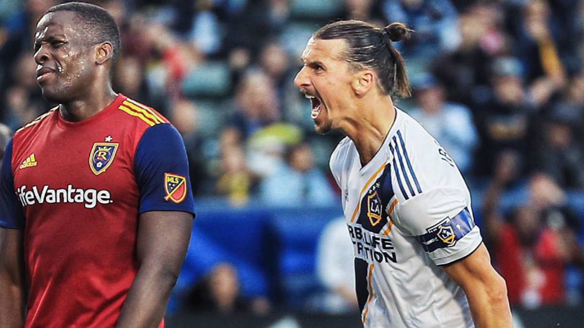 Zlatan Ibrahimovic celebrating after scoring with LA Galaxy