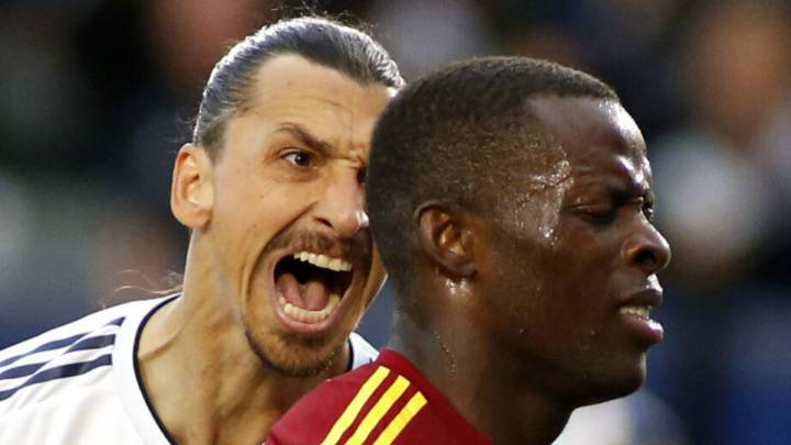 Zlatan Ibrahimovic of Los Angeles Galaxy yells at Nedum Onuoha of Real Salt Lake after scoring a goal during the second half of a game at Dignity Health Sports Park