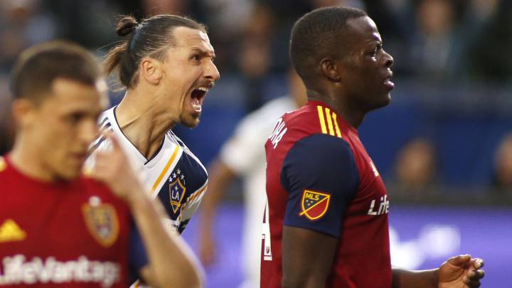 Zlatan Ibrahimovic of Los Angeles Galaxy yells at Nedum Onuoha of Real Salt Lake following Ibrahimovic's goal during the second half of a game