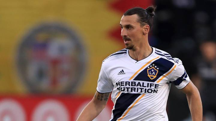 Zlatan Ibrahimovic #9 of Los Angeles Galaxy controls the ball during the second half of a game against the Real Salt Lake
