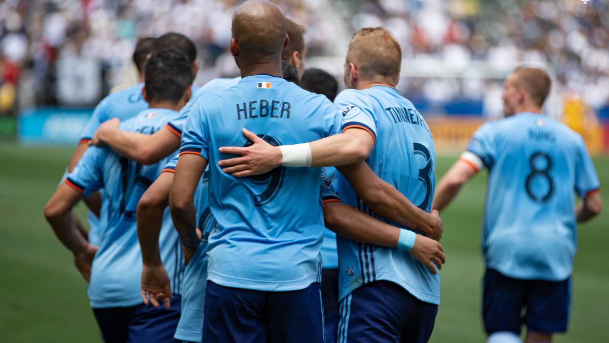 New York City FC celebrating after Heber's goal
