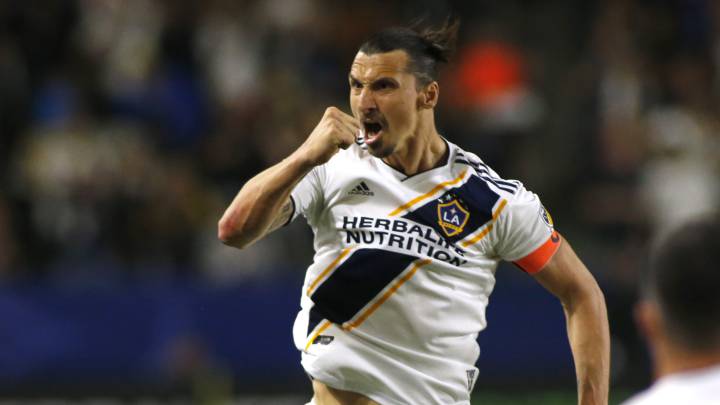 Zlatan Ibrahimovic of Los Angeles Galaxy celebrates a goal during the second half against the Portland Timbers at Dignity Health Sports Park