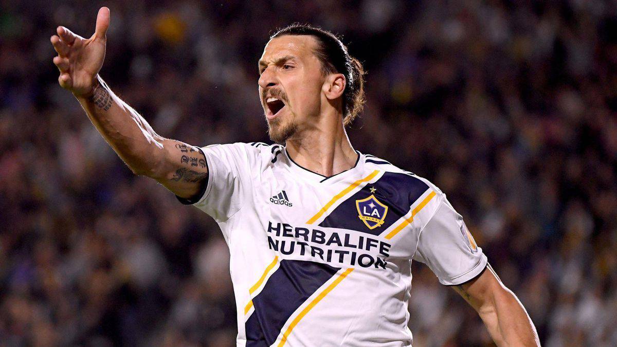 Zlatan Ibrahimovic reacts as his goal is negated by an offside call during a game against the New York Red Bulls on April 28