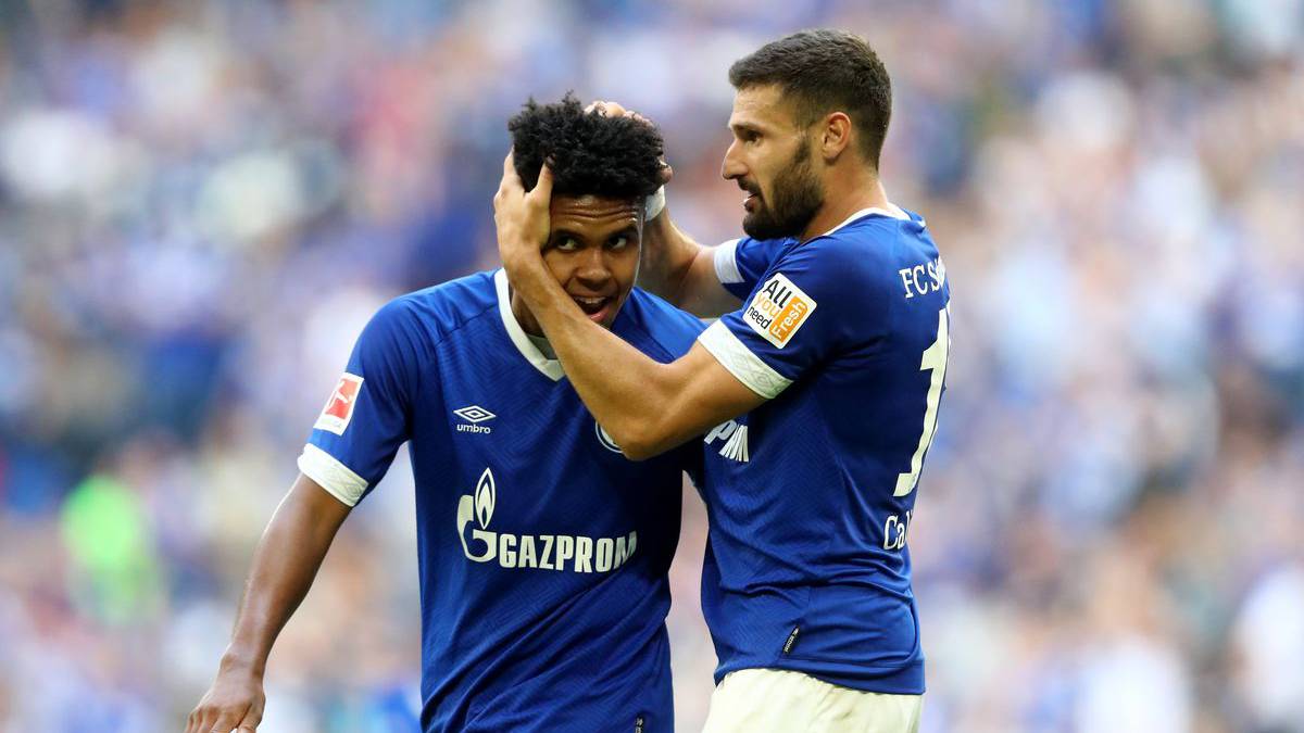 Weston McKennie celebrating with Schalke 04 teammate Daniel Caligiuri