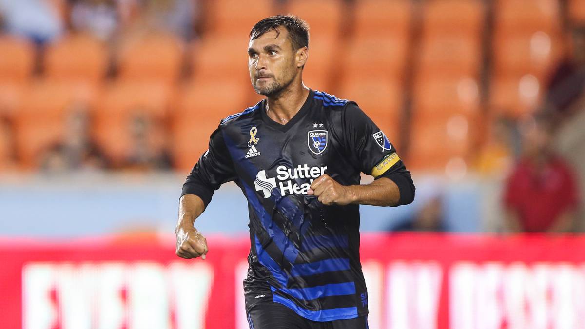 San Jose Earthquakes forward Chris Wondolowski (8) reacts after scoring a goal during the first half against the Houston Dynamo at BBVA Compass Stadium.