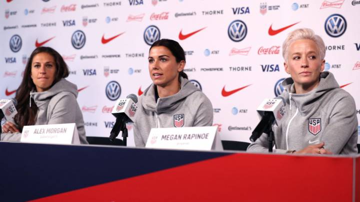 Carli Lloyd, Alex Morgan and Megan Rapinoe duringthe USWNT media day before the World Cup
