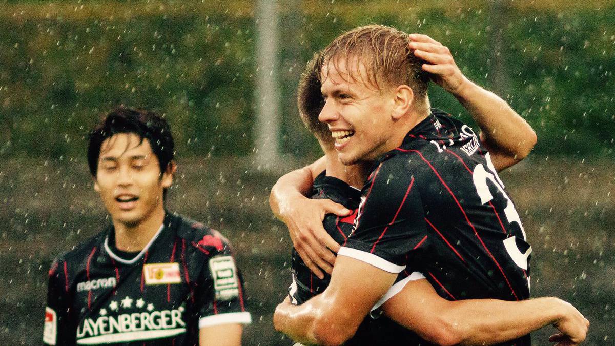 Lennard Maloney of FC Berlin Union celebrates after scoring his first goal with the first team