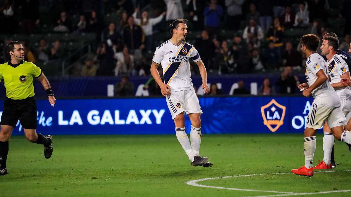 Zlatan Ibrahimovic celebrating after his bicycle against New England Revolution