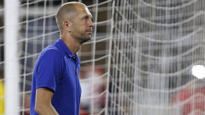 the United States head coach Gregg Berhalter walks off the pitch after the United StatesxD5 match against Jamaica in an international friendly soccer match at Audi Field.