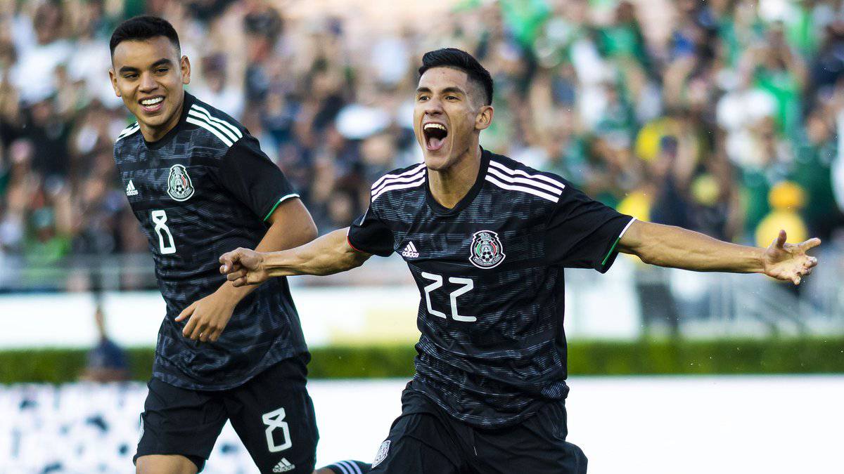 Uriel Antuna celebrating after scoring a hat-trick with Mexico in their Gold Cup opening match against Cuba