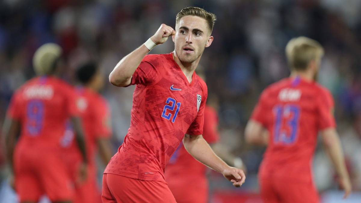Tyler Boyd celebrates scoring two goals during the USMNT opening Gold Cup match against Guyana
