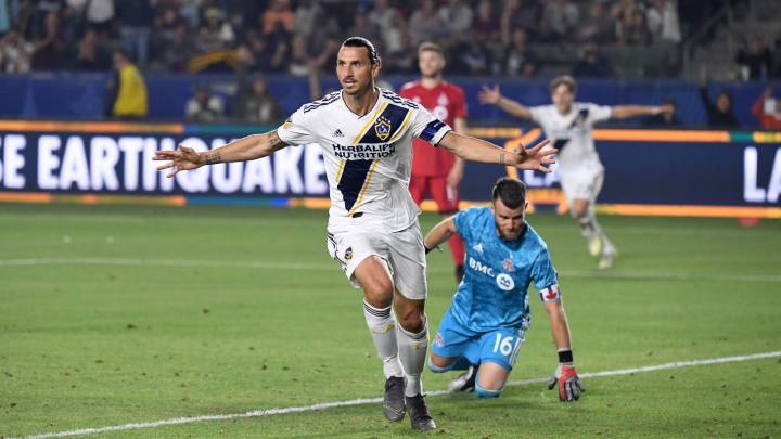Zlatan Ibrahimovic celebrates after scoring a goal in the second half at Dignity Health Sports Park. The Galaxy defeated Toronto FC 2-0.