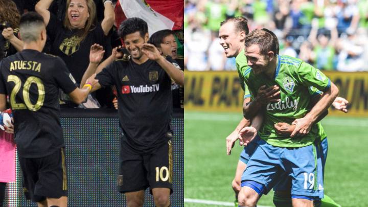 Collage of LAFC Carlos Vela celebrating with teammates, with also Seattle Sounders players celebrating