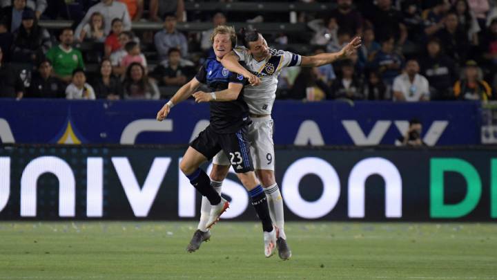 San Jose Earthquakes midfielder Florian Jungwirth and LA Galaxy forward Zlatan Ibrahimovic battle for the ball in the first half at Dignity Health Sports Park