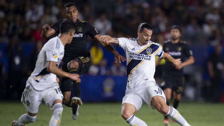 Zlatan Ibrahimovic attempts a shot for a goal during the second half against the Los Angeles FC at Dignity Health Sports Park