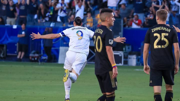 Zlatan Ibrahimovic celebrates his goal during the second half against the Los Angeles FC at Dignity Health Sports Park