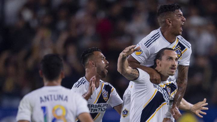 Zlatan Ibrahimovic celebrates his goal during the second half against the Los Angeles FC at Dignity Health Sports Park.