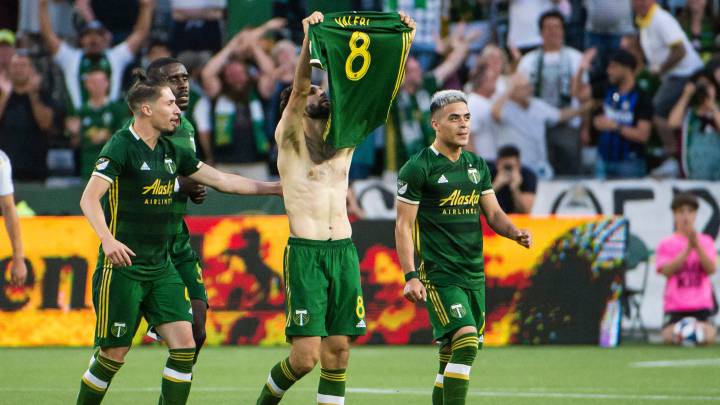 Diego Valeri celebrating after scoring against LA Galaxy