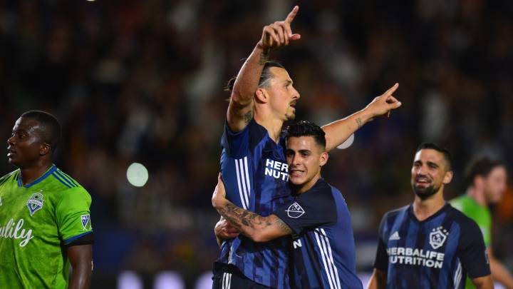 Zlatan Ibrahimovic is congratulated after scoring a second half goal against the Seattle Sounders at StubHub Center.