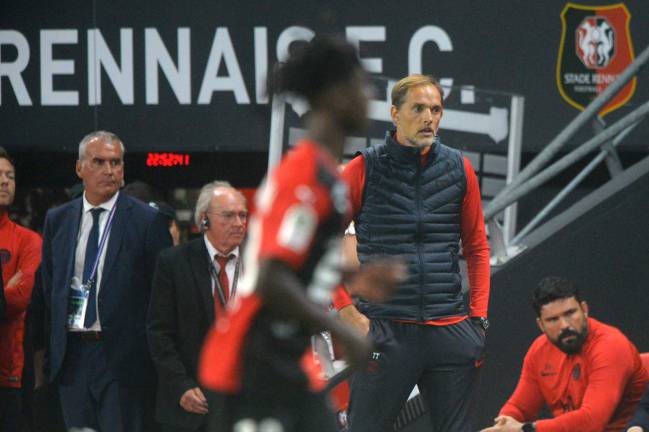 Paris Saint-Germain's German coach Thomas Tuchel looks on against Rennes.