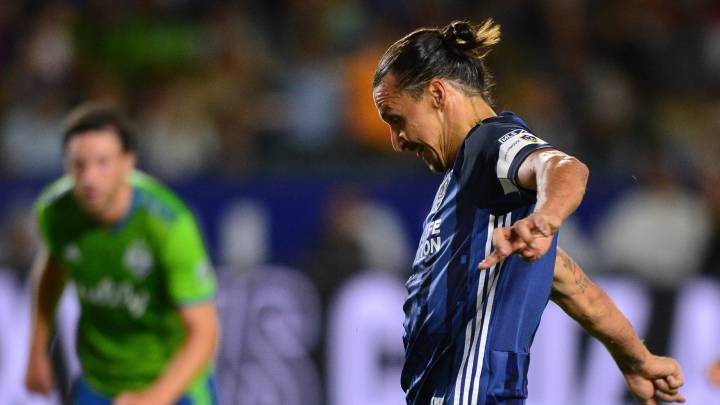 Zlatan Ibrahimovic scores during the second half on a free kick against the Seattle Sounders at StubHub Center.