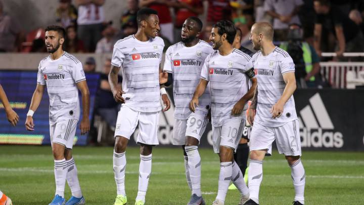 Los Angeles FC celebrate after a goal by forward Carlos Vela against the Real Salt Lake during the second half at Rio Tinto Stadium