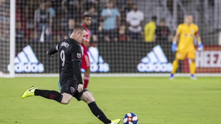Wayne Rooney takes a free kick against the New York Red Bulls during the first half at Audi Field.