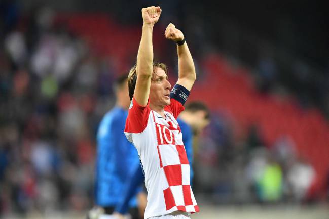 Croatia's captain Luka Modric celebrates after the UEFA Euro 2020 match against Slovakia and Croatia in Trnava.