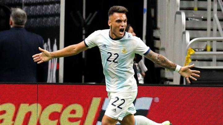Lautaro Martinez #22 of Argentina celebrates after scoring a goal against Mexico during the International Friendly soccer match at the Alamodome