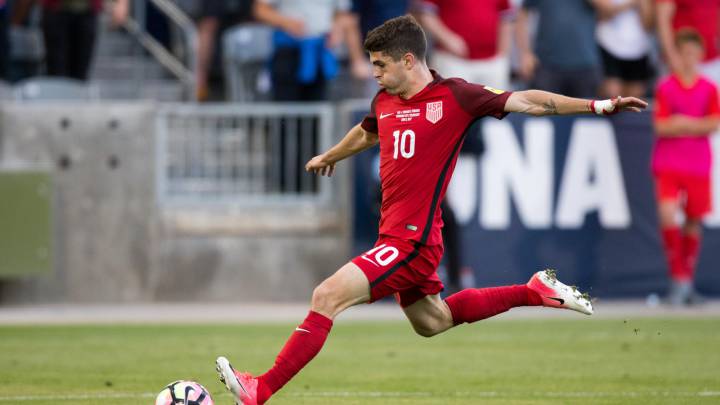 Christian Pulisic scores on a kick in the second half against Trinidad & Tobago at Dick's Sporting Goods Park.