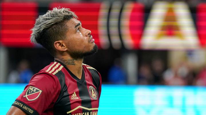 Josef Martinez reacts after scoring on a penalty kick against Club America during the second half at Mercedes-Benz Stadium.