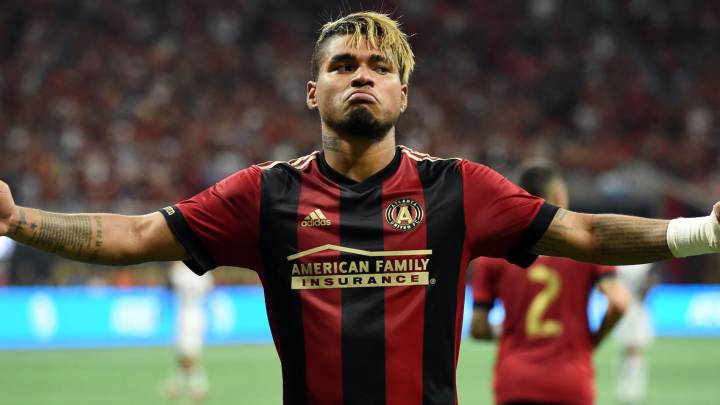Josef Martinez celebrates scoring with Atlanta United at Mercedes Benz stadium