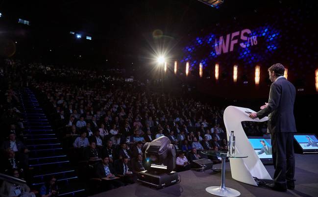 Juventus president Andrea Agnelli addresses the World Football Summit in Madrid.