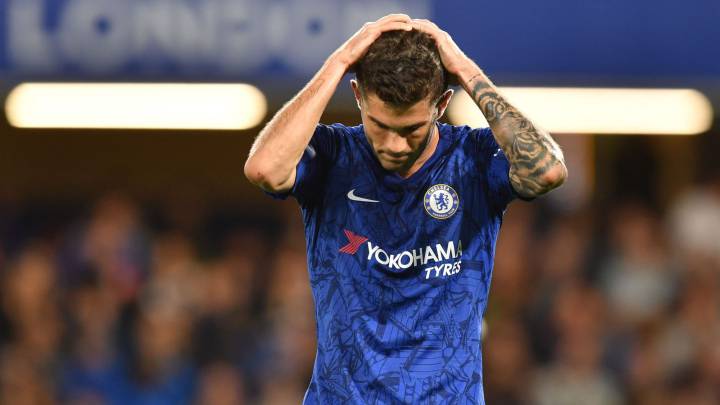 Christian Pulisic reacts to a missed chance during the English League Cup third round football match between Chelsea and Grimsby Town at Stamford Bridge
