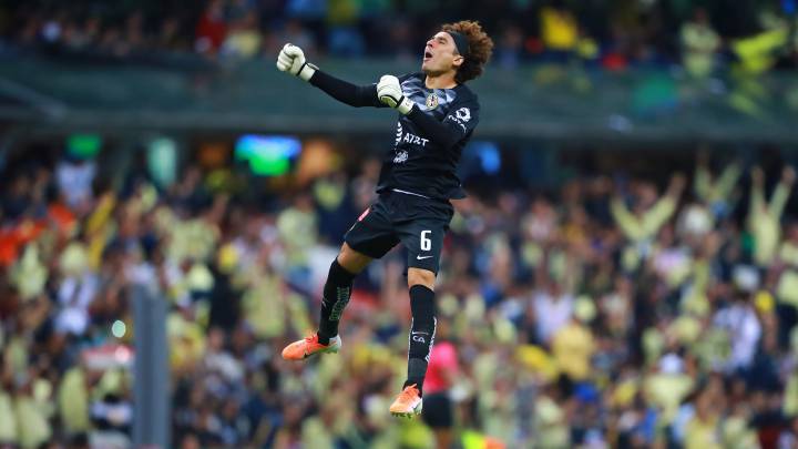 Guillermo Ochoa #6 of America celebrates the fourth goal of his team during the 12th round match between America and Chivas as part of the Torneo Apertura 2019 Liga MX at Azteca Stadium