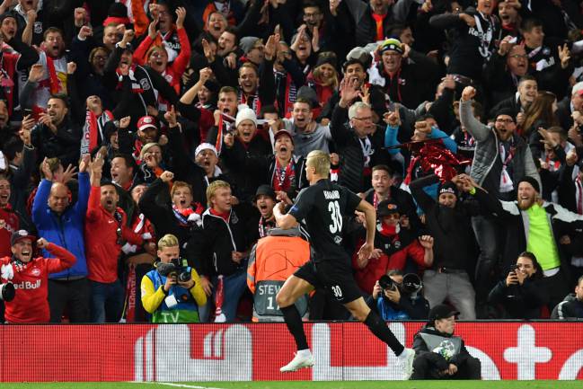 Rising star | Salzburg's Norwegian forward Erling Braut Haland celebrates making it 3-3 at Anfield.