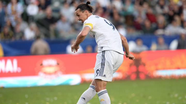 Zlatan Ibrahimovic (9) shoots on goal against /Vancouver Whitecaps during the second half at StubHub Center.