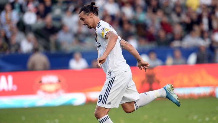 Los Angeles Galaxy forward Zlatan Ibrahimovic (9) shoots on goal against /Vancouver Whitecaps during the second half at StubHub Center.