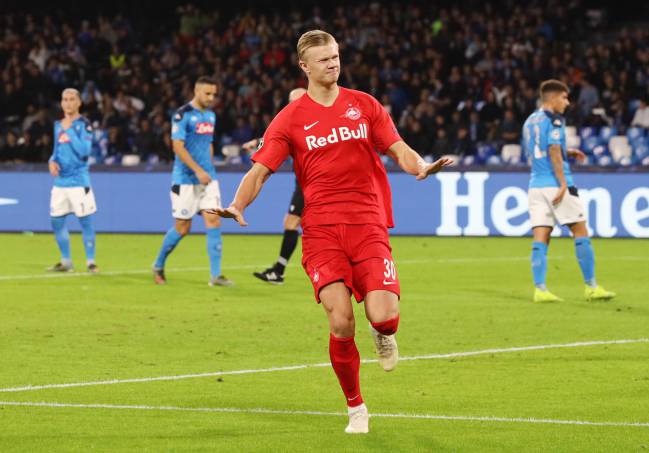'I got this' | Erling Braut Haaland of RB Salzburg celebrates after opening the scoring against Napoli.